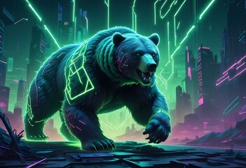 cyberpunk A large muscular Bull charging through a glowing neon | cyberpunk A large muscular Bear charging through a glowing neon