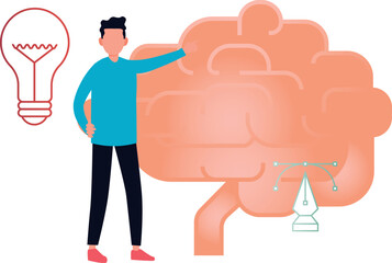 A boy is pointing at the creative brain.