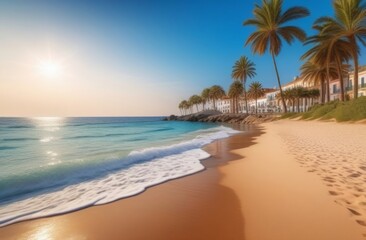 Empty sandy beach with palm trees