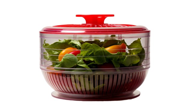 Red Plastic Salad Spinner With Green Lettuce and Yellow and Red Cherry Tomatoes
