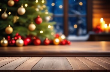 Wooden table with Christmas interior background