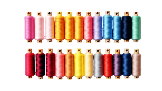 Colorful Spools of Thread Arranged in Two Rows on White Background