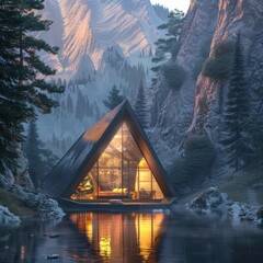 A cozy, modern A-frame cabin with large windows nestled beside a serene lake and surrounded by...