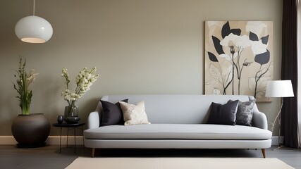 sofa in a contemporary living room with lovely wall decor