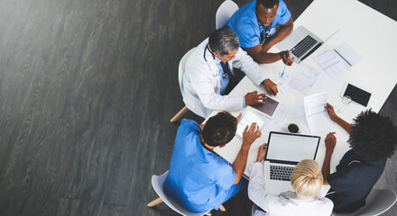 Medical team, meeting and technology in office from above, paperwork and healthcare in hospital....
