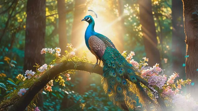 a peacock with a natural background, Seamless looping time lapse 4k video animation background
