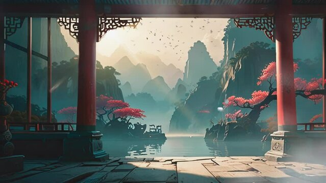 Chinese temple on a high hill in cartoon or anime style. seamless looping time lapse virtual 4k video animation background