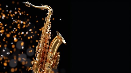 Obraz premium close-up of a saxophone with a dark background and bokeh light effect, highlighting the intricate details and golden color of the instrument