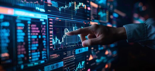 Fototapeta premium Businessman touching a virtual screen with stock data and charts