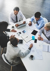 Listening, meeting and graph for people, laptop and research for startup, online and top view of...
