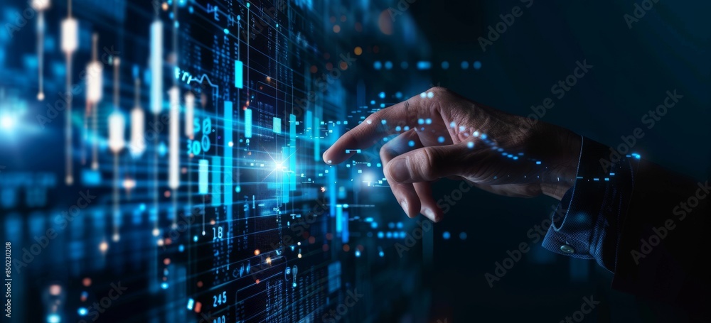 Poster businessman interacting with virtual screen displaying data and charts