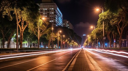 Fototapeta premium view of a city street at night with lights from moving vehicles and Trees lining both sides of the street with street lights on.