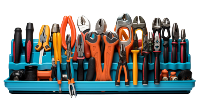 A Variety of Hand Tools Organized in a Blue Plastic Tray