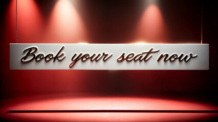 Book Your Seat Now advertisement board in spotlight on stage