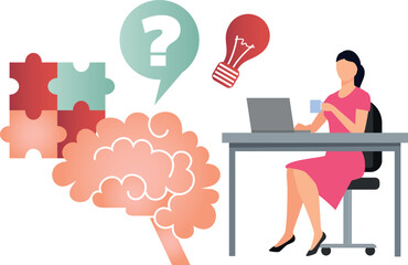 The girl is working on laptop for brain puzzle.