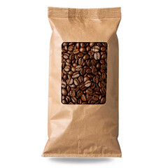 A brown paper pack filled with roasted coffee beans, featuring a transparent window, on a white background, png