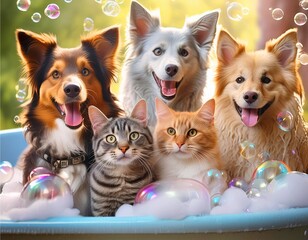 A group of dogs and cats were taking a bath with soap bubbles all over them.