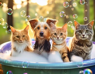 A group of dogs and cats were taking a bath with soap bubbles all over them.