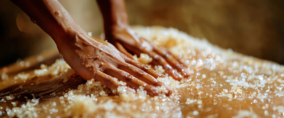 Close-up of hands sprinkling salt on a client's back during a spa session, focusing on the texture and therapeutic nature of the treatment. Banner. Copy space