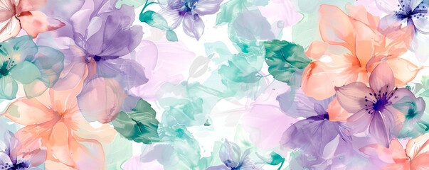 A watercolor painting featuring vibrant flowers in full bloom against a clean white background. The petals and stems are delicately detailed, showcasing various shades of pink. Banner. Copy space