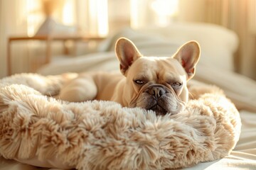 A little dog lying in the doghouse