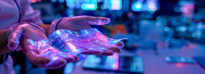 Person in gloves engages vibrant holographic screen, surrounded by blur of electronic ambient lights, suggesting cutting-edge tech interaction. Artificial intelligence, holography. Banner. Copy space