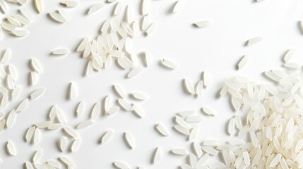 White rice grains scattered randomly on white background. 