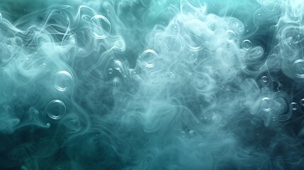 Serene mystical abstract background with swirling white smoke and transparent bubbles floating against soft bokeh teal backdrop, perfect for creating calming visual atmosphere