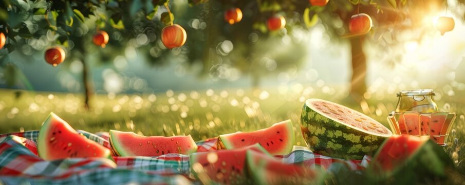 Friends having a picnic in the park for National Watermelon Day, August 3rd, refreshing watermelon slices and good times, 4K hyperrealistic photo.