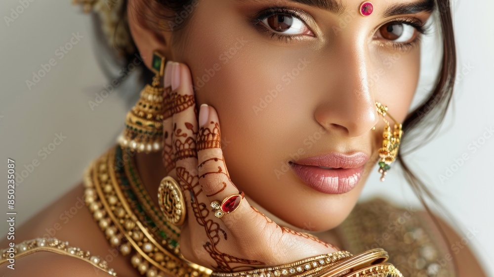 Wall mural indian beauty adorned with gold jewelry