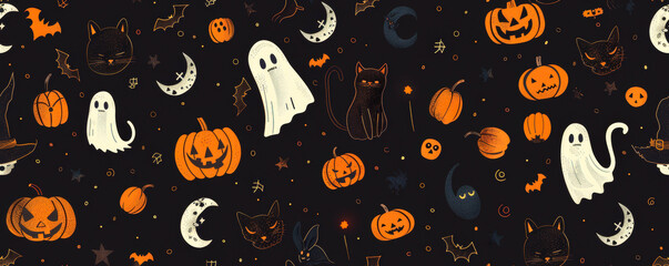 Collection of pumpkins with carved ghost faces placed against a black backdrop, creating a spooky display. Halloween. Seamless pattern. Holiday gift wrap. Banner. Copy space
