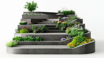 A minimalist garden staircase blooms with an array of colorful plants, marrying architecture with nature. micro garden of greenery and plants. Banner. Copy space