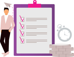 A boy is standing near the clipboard.