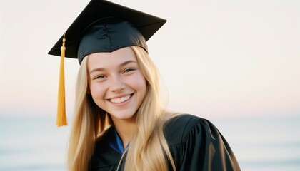 Young, caucasian American woman with long blonde hair wearing a black graduation cap and gown, smiling joyfully against a plain white background
