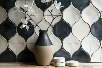 Fototapeta premium The pottery on the desktop and the black and white patchwork background wall