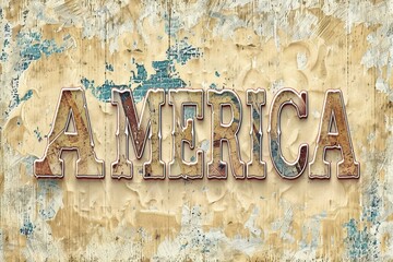 A blue and red sign that says America. The sign is made of fabric and has stars on it