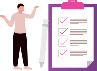 The boy is explaining about the complete checklist.