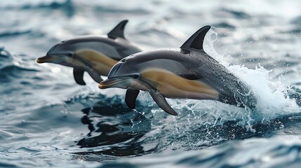 Fototapeta premium Two dolphins gracefully leaping out of the ocean water, capturing the beauty and elegance of these intelligent marine mammals in their natural habitat.