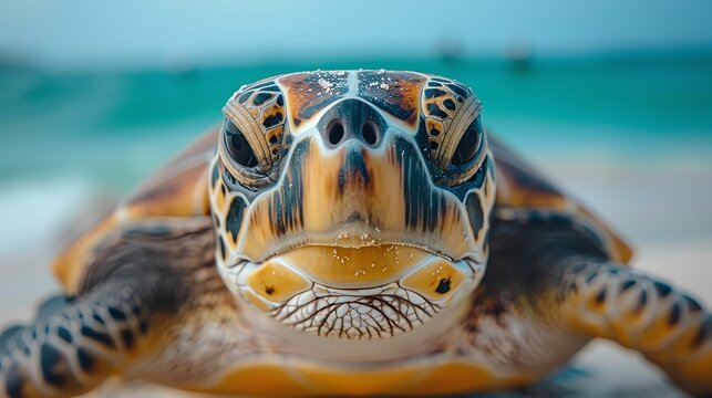 Close-up of a sea turtle on a sandy beach with turquoise water background, showcasing intricate shell patterns and details.