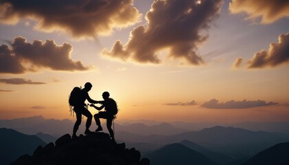 silhouette of the climber helping the other climber for reaching the top of mountain, cloudy sky at sunset time, copy space for text
