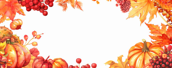 A vibrant watercolor painting featuring autumn leaves in shades of red, orange, and yellow alongside ripe pumpkins. A festive backdrop for Halloween. Autumn mood. Postcard. Banner. Copy space