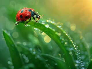 Fototapeta premium A ladybug on a blade of grass, with dew on the grass. AI.