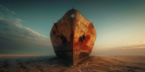 A large, rusty ship sits abandoned on a beach. AI.