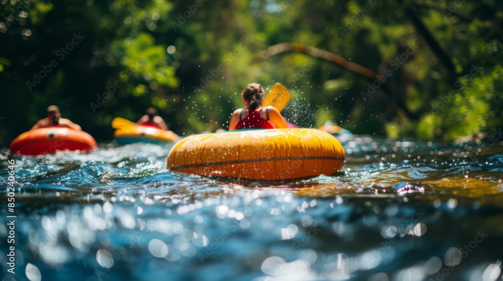 Poster people enjoying a relaxing time floating down a river on inflatable tubes. ai.