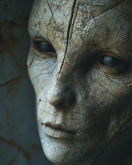A close-up of a highly detailed 3D rendering of a female's face with grey cracked skin texture. AI.
