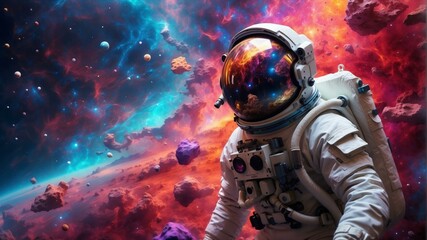 An astronaut in a spacesuit with a helmet on is exploring a colorful nebula. AI.