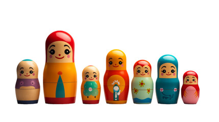 Colorful Wooden Nesting Dolls Arranged in a Row on a White Background