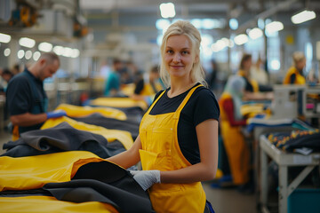 a blonde woman worker standing with black and yellow fabrics on her hands at a sewing factory work place