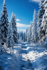 Snow-covered tree trunks in the forest, spruces with snow.