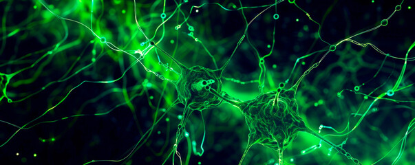 Computer-generated image featuring detailed green cell with intricate structures, textures. Cell is depicted in digital environment, showcasing its biological components, functions. Banner. Copy space